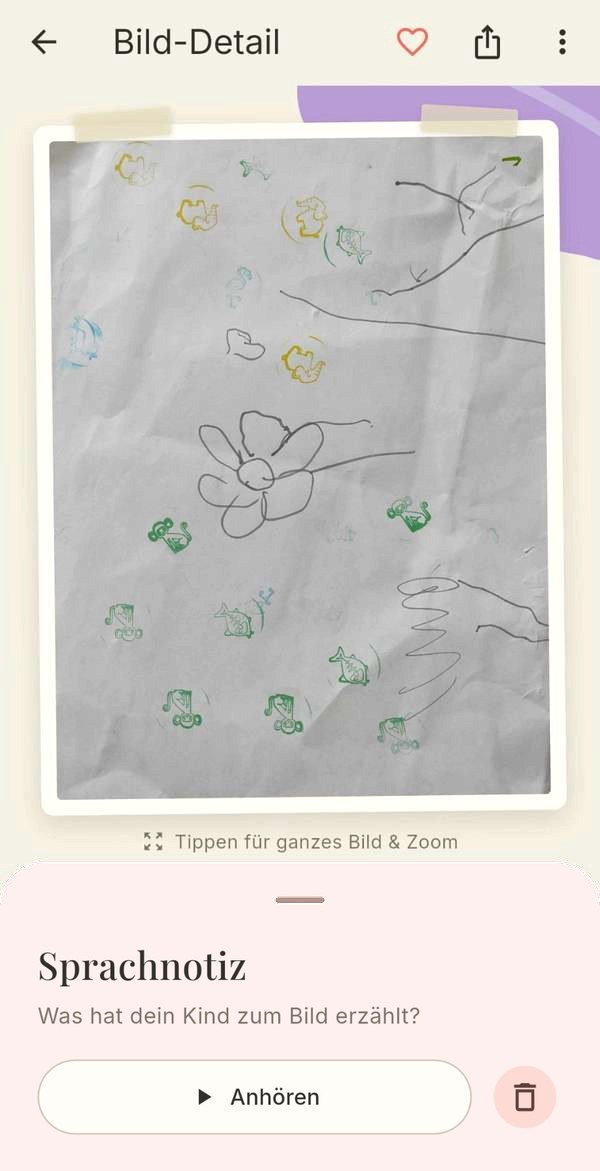Kritzelschatz Bild-Detail mit abspielbarer Sprachnotiz unter der Kinderzeichnung